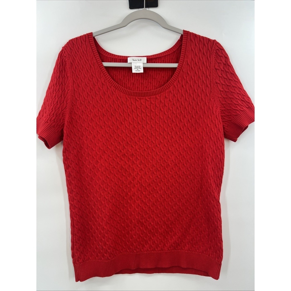 Kate Hill Red Short Sleeve Cable Knit Top Sweater RN 123455 XL